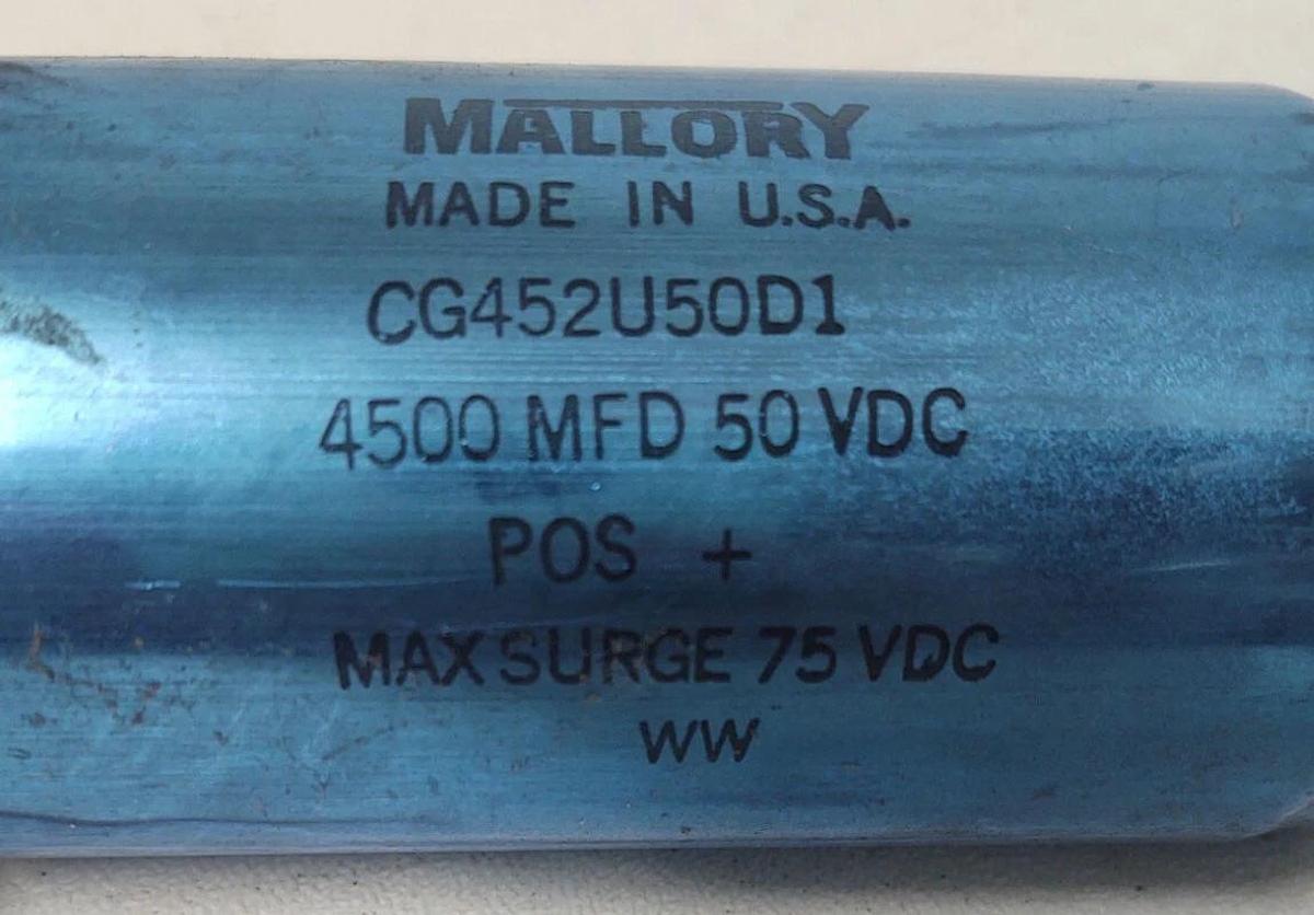Used 🔥 Mallory CG452U50D1 Capacitor 4500 MFD 50 VDC PIS+ Max SURGE 75VDC