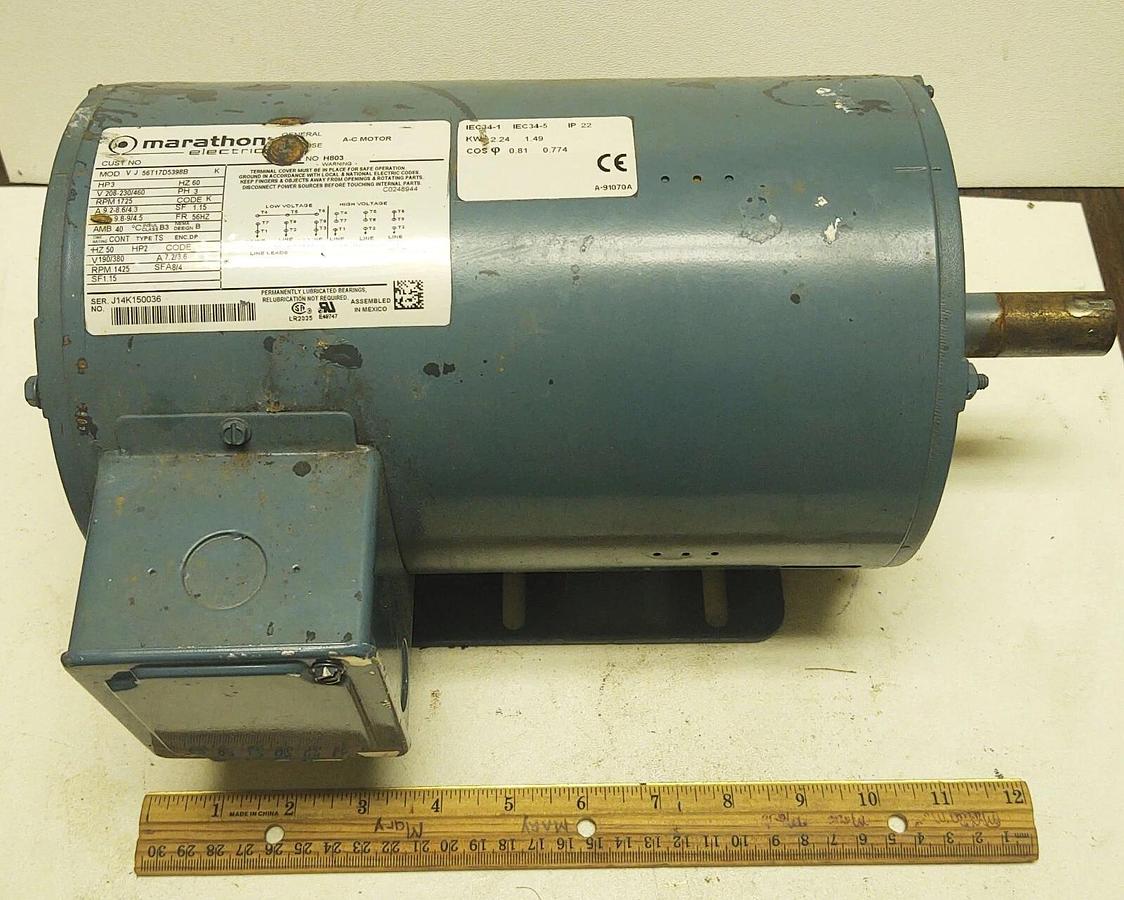 Used 3Hp 3PH Marathon Electric Model VJ56T17D5398BK 208-230/460