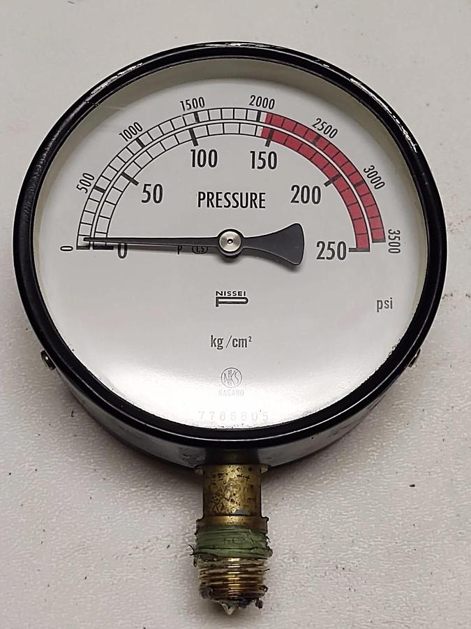 Used Hydraulic Fluid Pressure Gauge 0-3500 PSI Red Large Face 4" NKS Kgf/cm 250