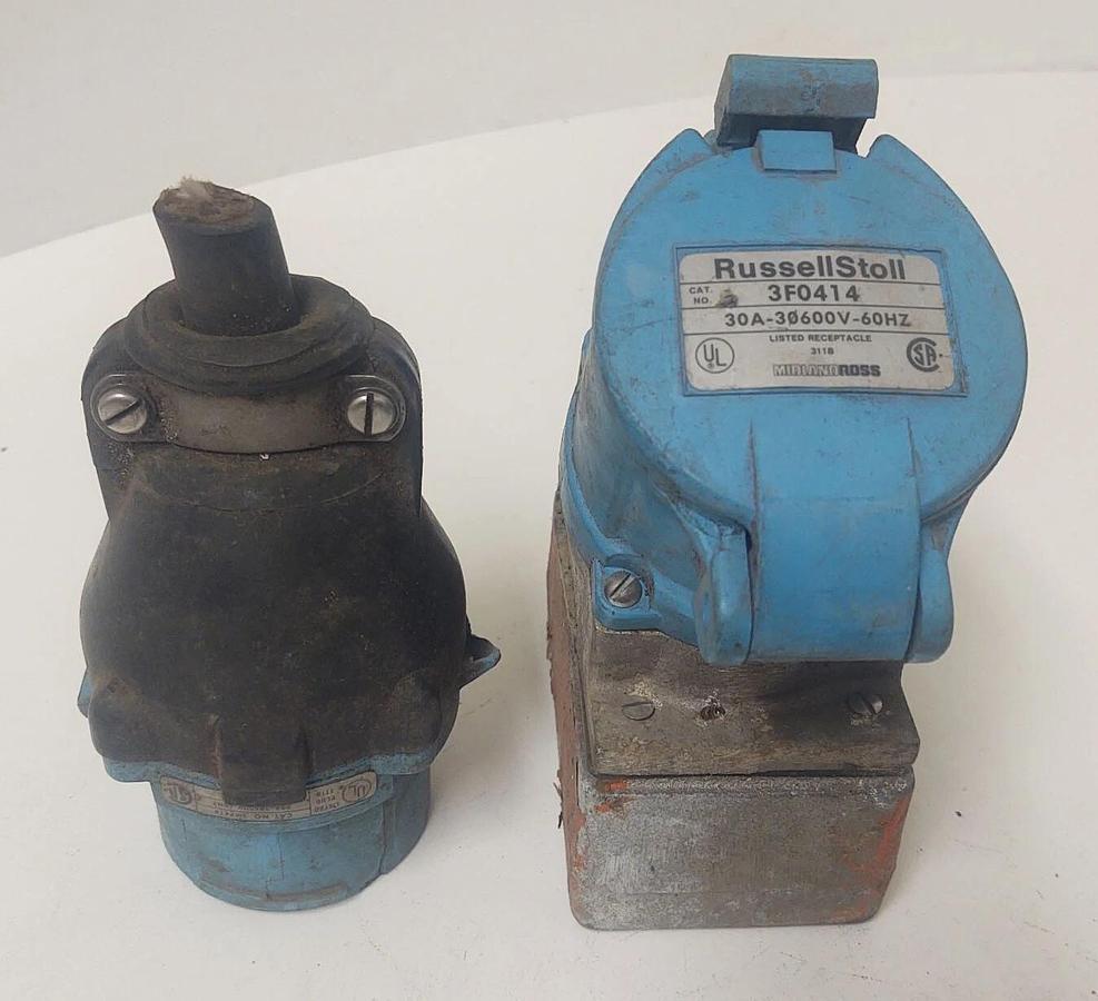 Used 🔥RUSSELLSTOLL LOCKING RECEPTACLE WITH BASE 3F0414 & 3MP414 PLUG 30A 600V