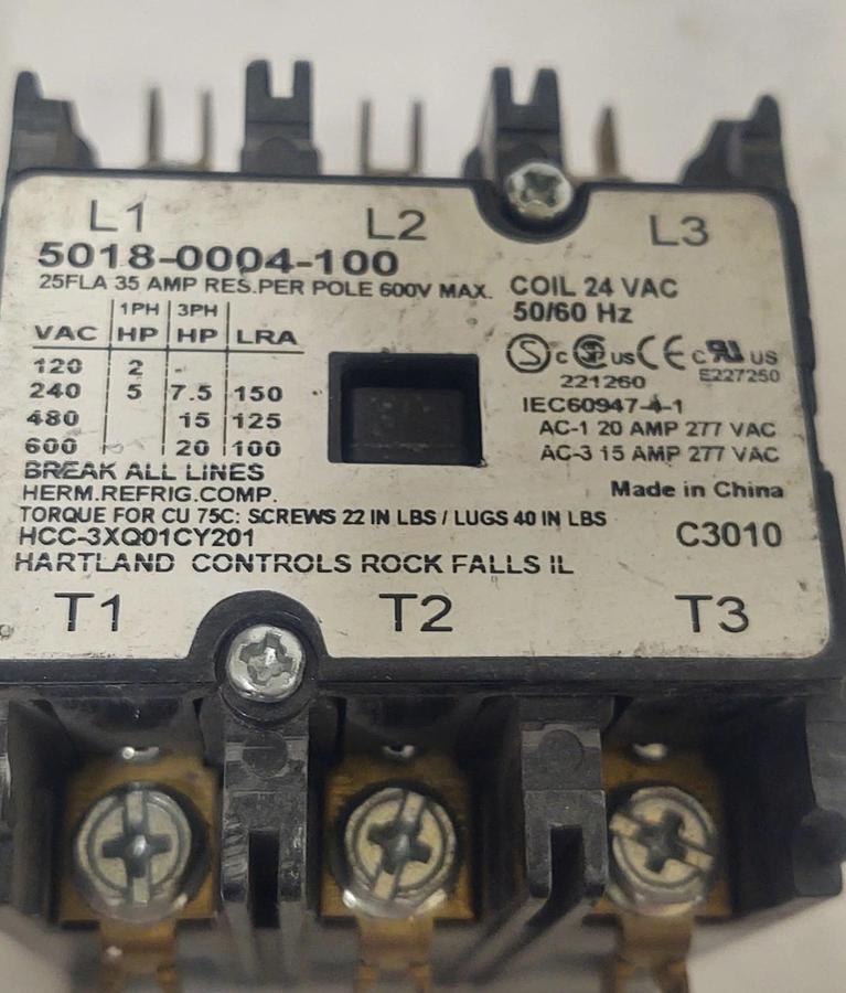 Used 🔥Hartland 5018-0004-100 Relay, 3 Pole, 30 Amp EXCELLENT CONDITION 24V Coil