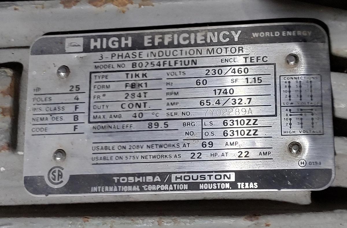 Used Toshiba 25 HP 284T Frame 1740 RPM 3 Phase Electric Motor B0254FLF1UN B0254FLF1UN