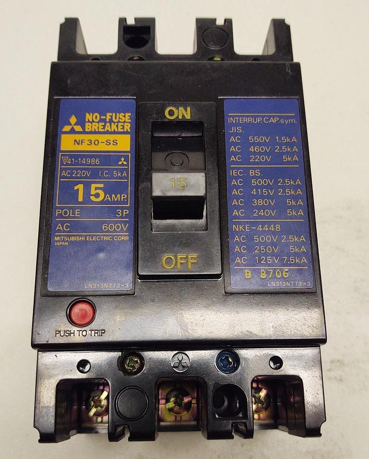 Used Mitsubishi 41-14986 Electric NF-30SS No-Fuse Breaker, 15A, 600V, 3P, Used