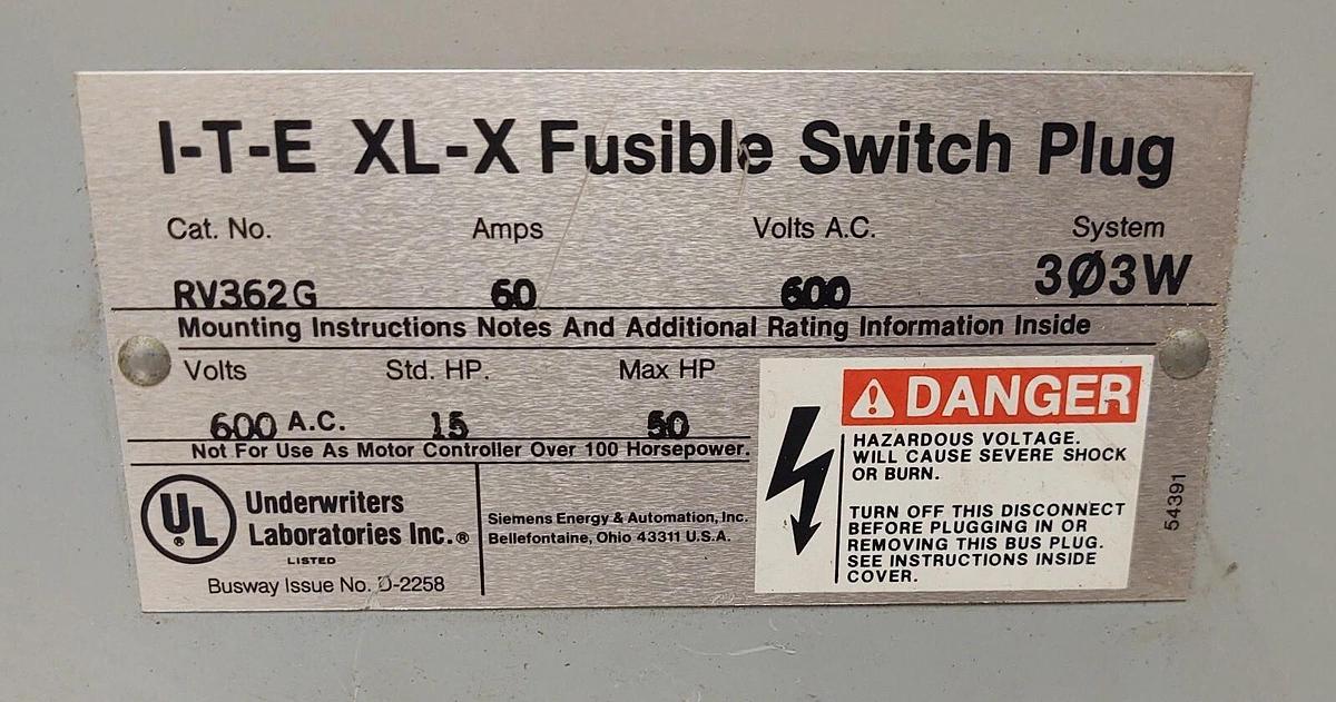 Used 🔥 Siemens ITE RV362G XL-X Fusible Busway Switch Plug, 600VAC, 60A