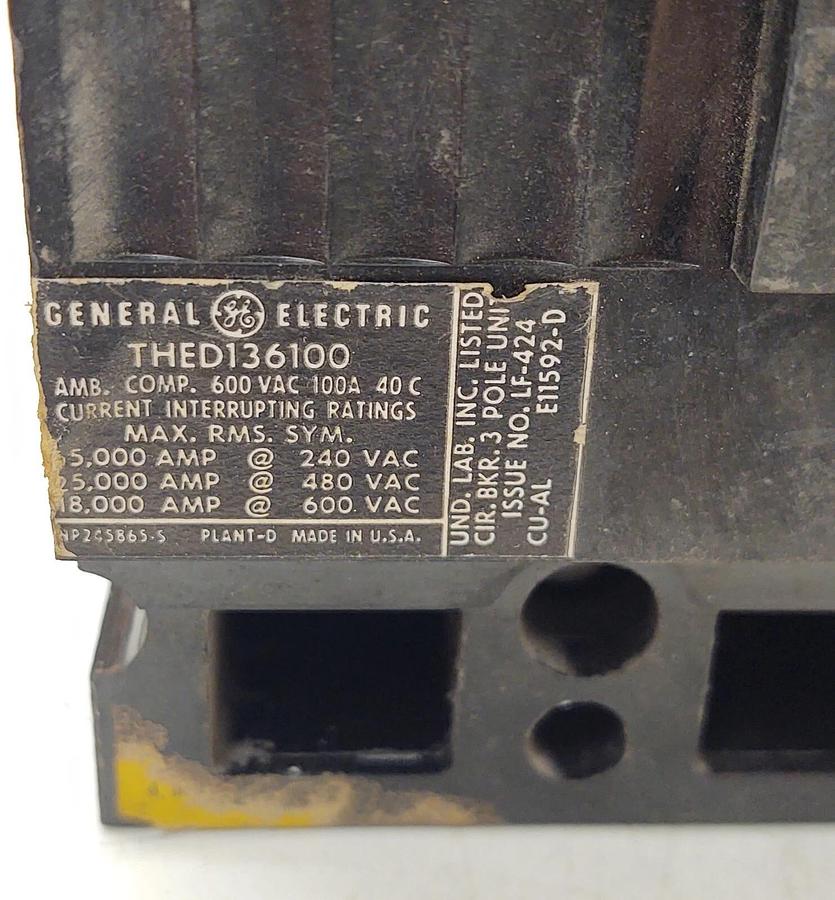 Used 🔥 GE THED136100 Circuit Breaker 3P 100A 240/480V Very Good Condition