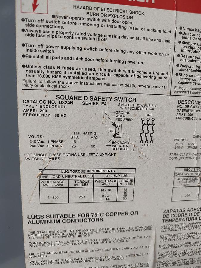 Used Square D D324N Safety Switch 3 Pole 200 AMP 240 Volt Fusible Disconnect