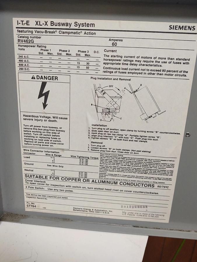 Used 🔥 Siemens ITE RV462G XL-X Fusible Busway Switch Plug, 600VAC, 60A 3P4W