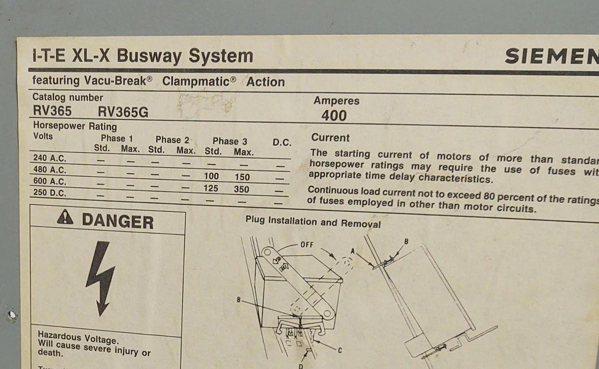 Used 🔥 RV365 SIEMENS I.T.E.  XL-X BUSS PLUG, 400 AMP, 600V ITE DISCONNECT BUSWAY
