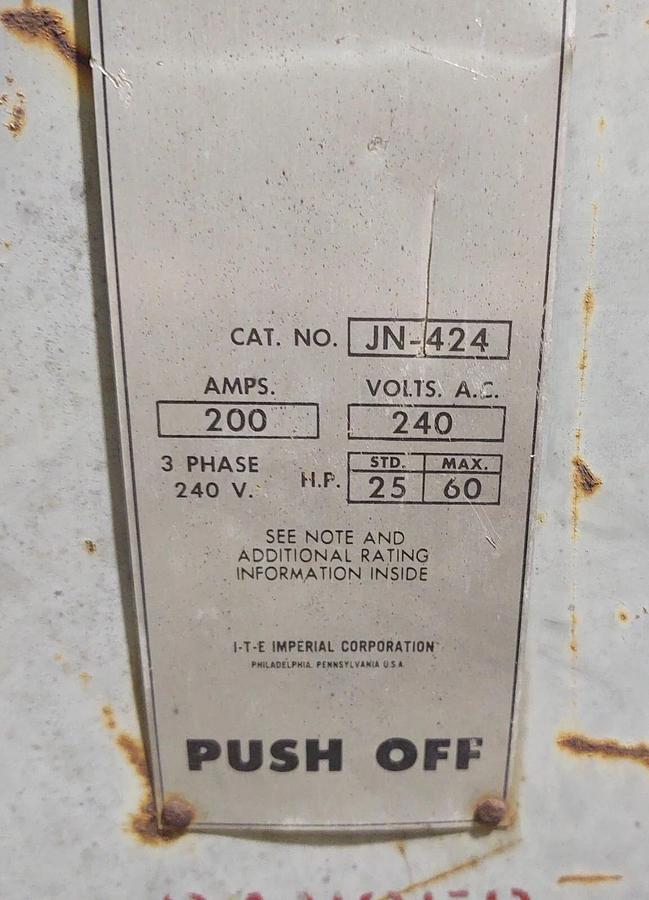 Used Siemens ITE JN424, 200 Amp, 240 Volt, 3P4W, Fusible Disconnect Safety Switch