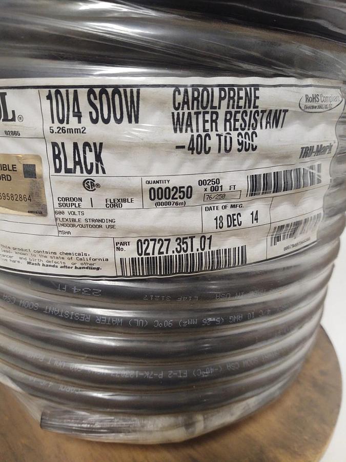 🔥Carol 02727.35T.01 , 250ft 10/4 SOOW Cord, 600 V, Water Resistant -40°C - 90°C