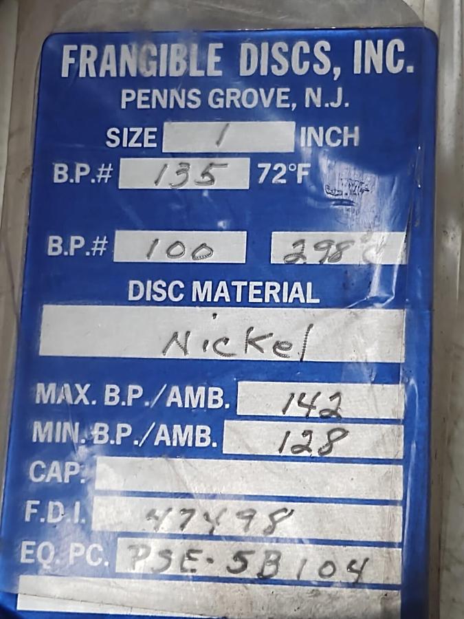🔥(2 NEW) FRANGIBLE DISC INC. 1" RUPTURE DISC, ASME 135 @72 Deg F,  Nickel Disc