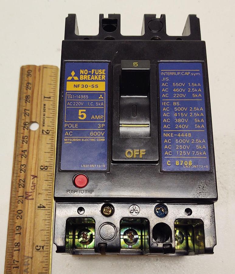 Used Mitsubishi 41-14985 Electric NF-30SS No-Fuse Breaker, 5A, 600V, 3 Pole