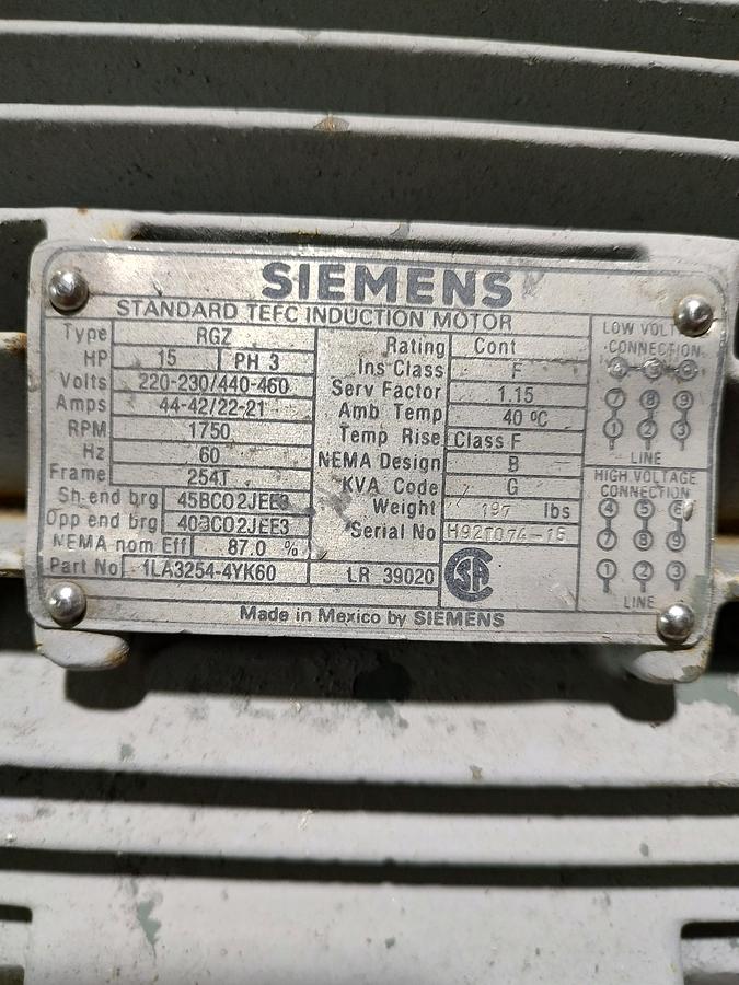 Used SIEMENS 15 HP, 1750 RPM, 230/460 3 PH, 254T Frame 1LA3254-4YK60 TESTED