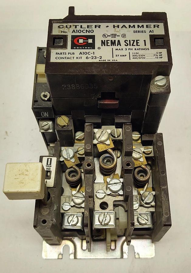 Used CUTLER HAMMER MOTOR STARTER A10CN0 NEMA 1 27A CONTACTOR 120V COIL W 1036 HEATERS