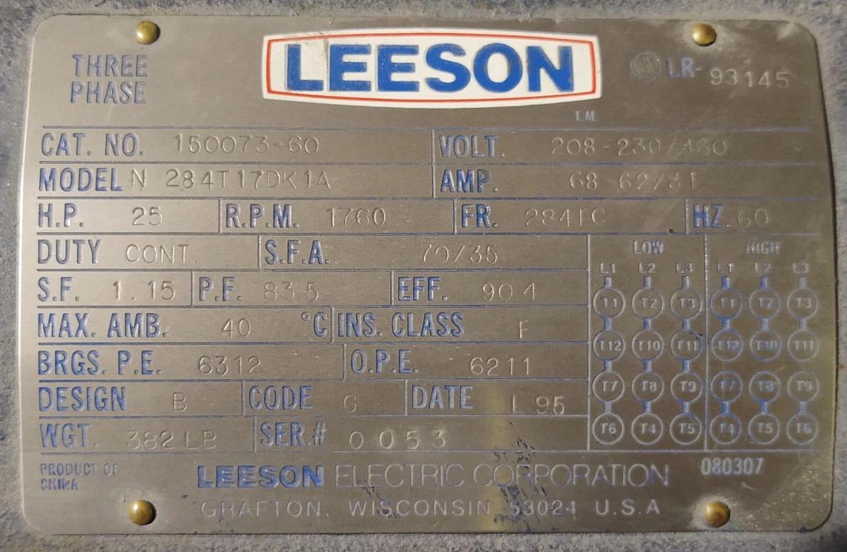 Used LEESON ELECTRIC CO Motor N 284T17DK1A 25HP Tokimec Pump u-P70V7-P16V-L-068-M3