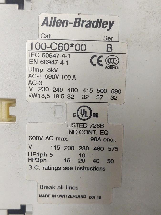 Used 🔥 TESTED Allen-Bradley 100-C60*00 110/120V Coil Contactor Ser B