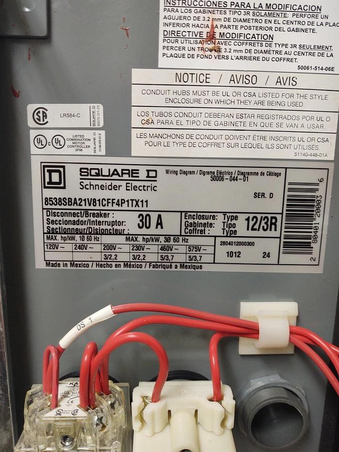 Used Square D NEMA 0 Combination Motor Starter Disconnect 8538SBA21V81CFFP11 120 Coil