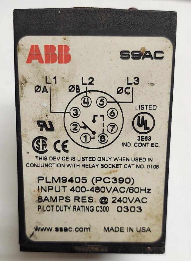 Used 🔥 USED ABB PLM9405 3-Phase Voltage Monitor, 400-480VAC 60Hz, 8-Pin. (PC390)