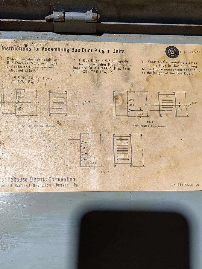 Used WESTINGHOUSE TAP-323 100A 240VAC 3PH FUSIBLE BUS PLUG DUCT SWITCH