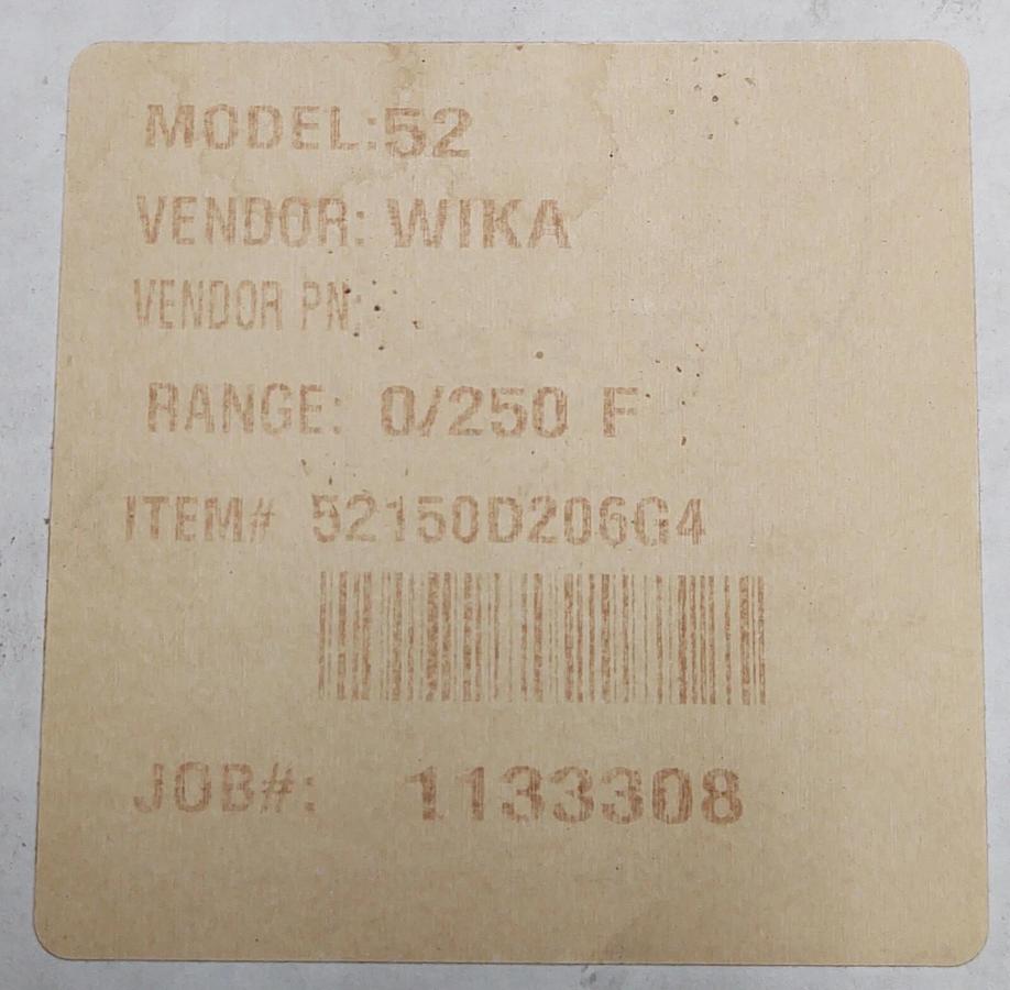 WIKA, Model 52, 52150D206G4, Temperature Gauge 15" Probe 0-250 F /NEW/ 5" Face