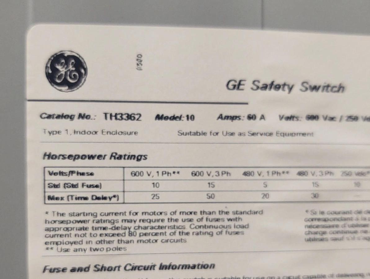Used 🔥GE TH3362 Disconnect 60 Amp 600 Volt 3P3W Fusible Model 10