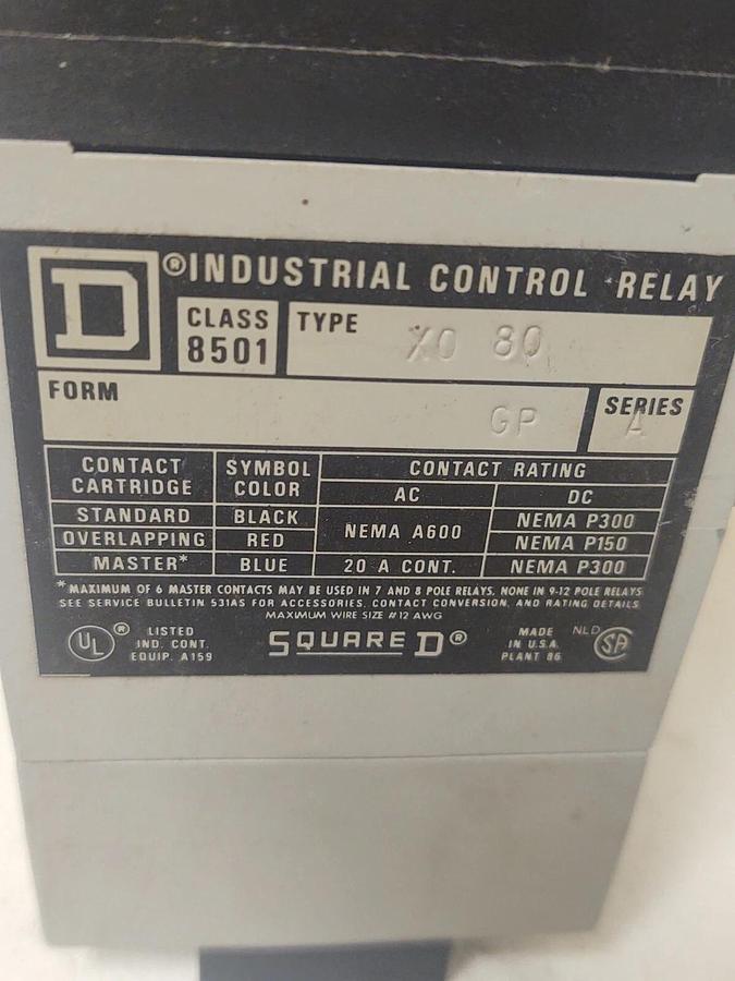 Used 🔥Square D Class 8501 Control Relay, Form GP Series A, 120V Coil Type XO 80