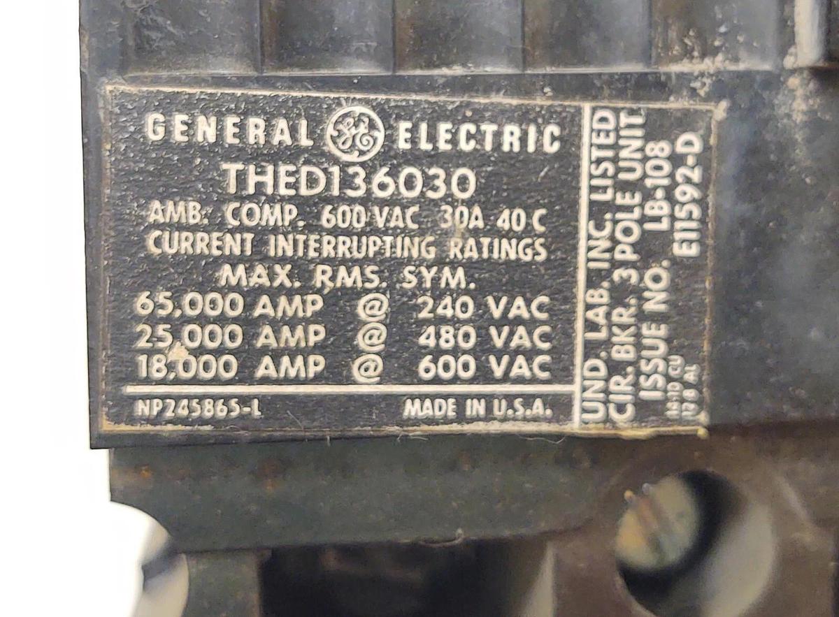 Used 🔥 THED136030 General Electric 30 Amp 3 Pole 600V Circuit Breaker