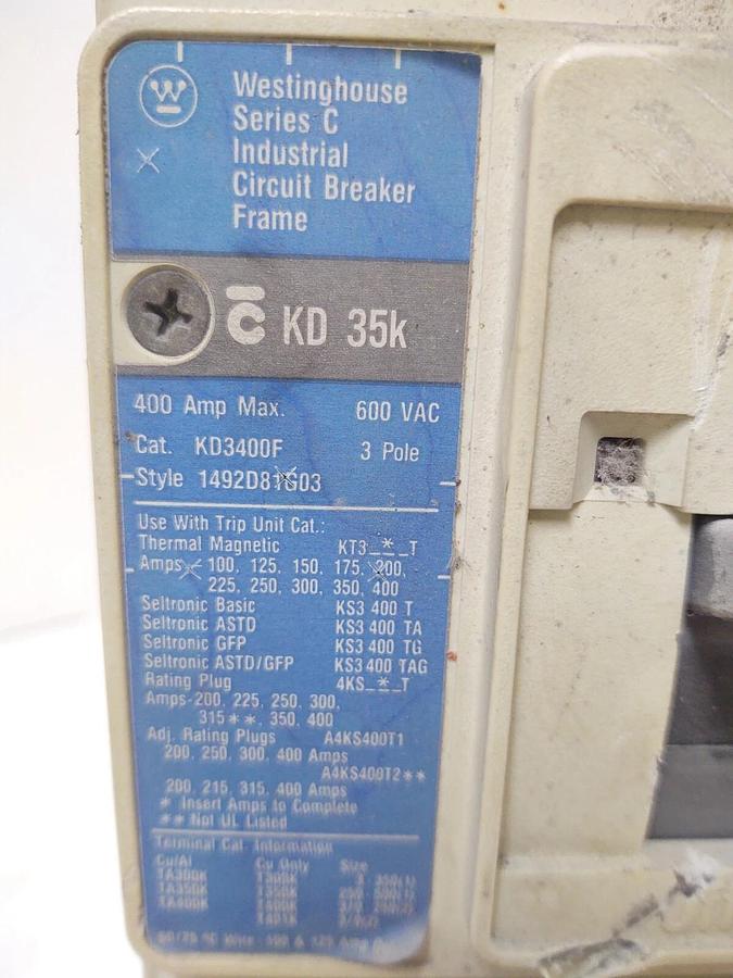 Used 🔥WESTINGHOUSE SERIES C KD3400F/ Circuit Breaker 400AMP 600V