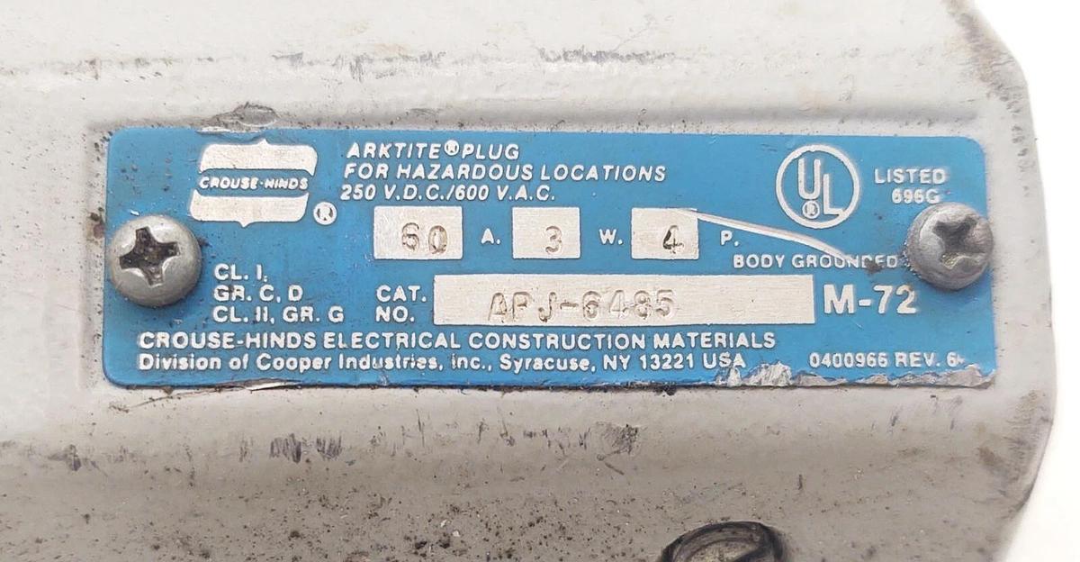 Used 🔥 Crouse-Hinds Arktite APJ6485 Connector 60A 3Wire 4Pole Plug