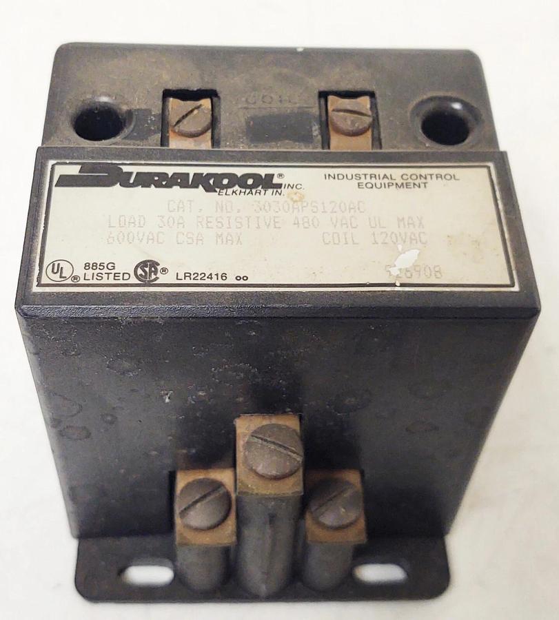 Used 🔥DURAKOOL 3 Pole Control Relay 3030APS120AC, 30A 480VAC 120V Coil