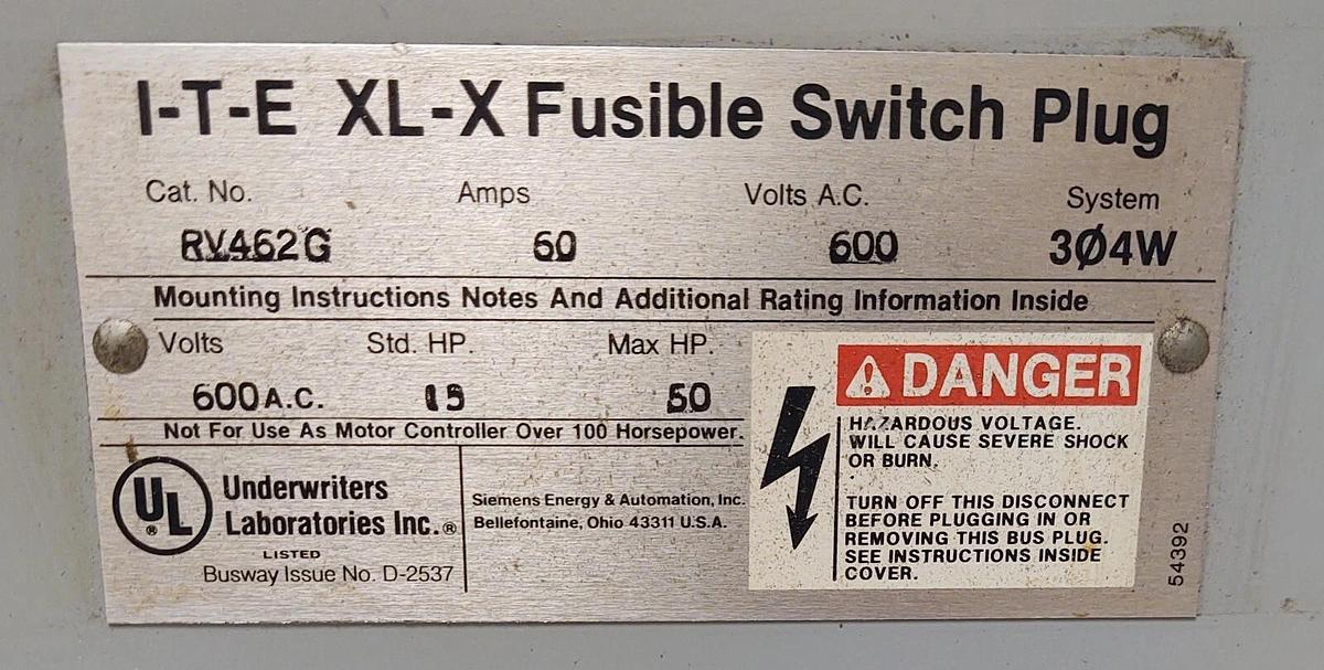 Used 🔥 Siemens ITE RV462G XL-X Fusible Busway Switch Plug, 600VAC, 60A 3P4W