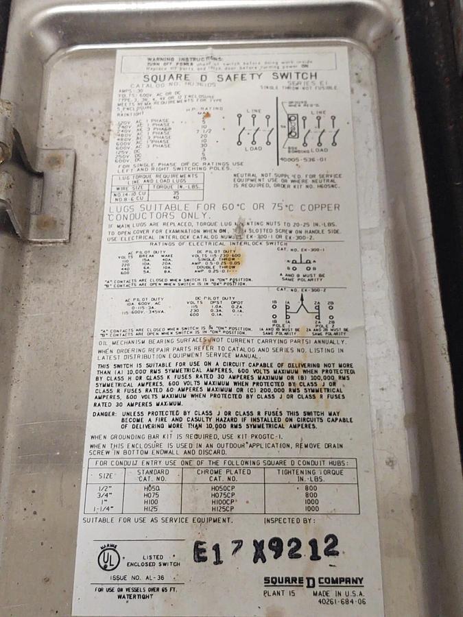 Used 🔥 Square D HU361DS 3 Pole 30 Amp STAINLESS Non-Fusible Disconnect Switch 30Hp
