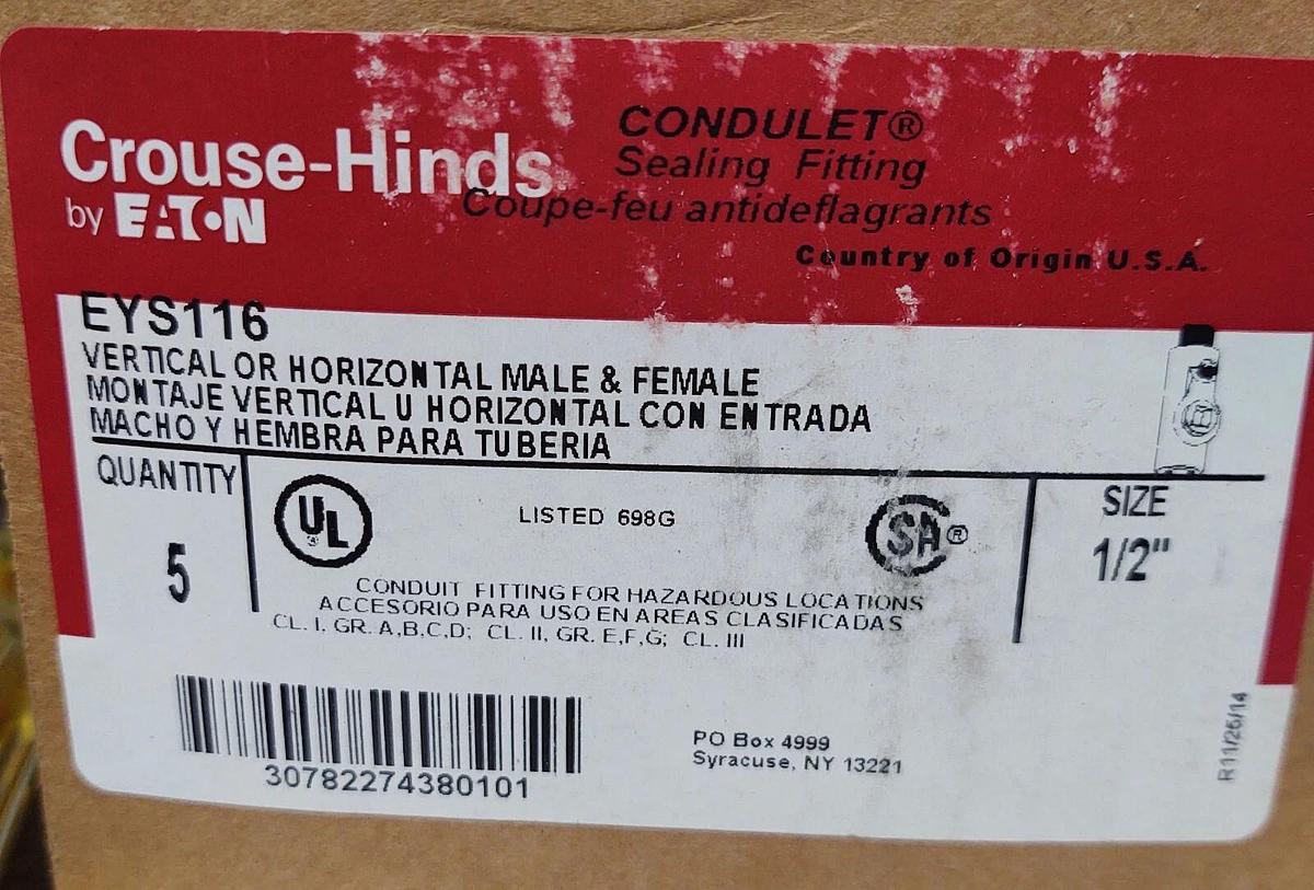🔥Box Of 5, Crouse Hinds EYS116 Male To Female Sealing Fitting 1/2" Explosion