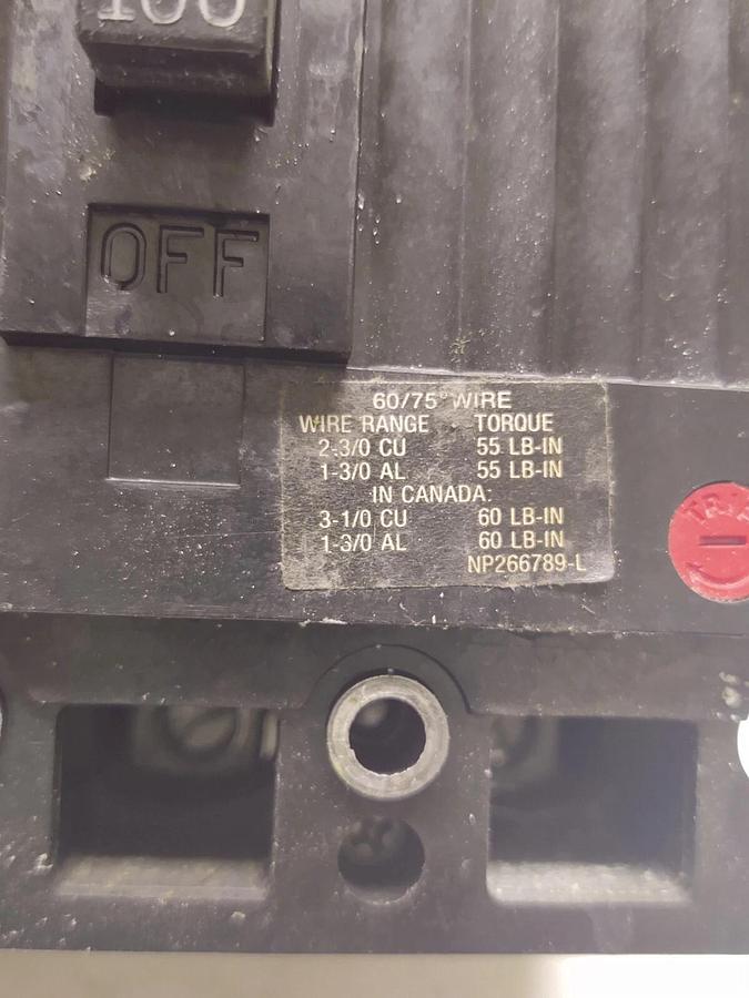 Used General Electric GE TED136100 3 pole 3PH 100A circuit breaker 600v Disconnect