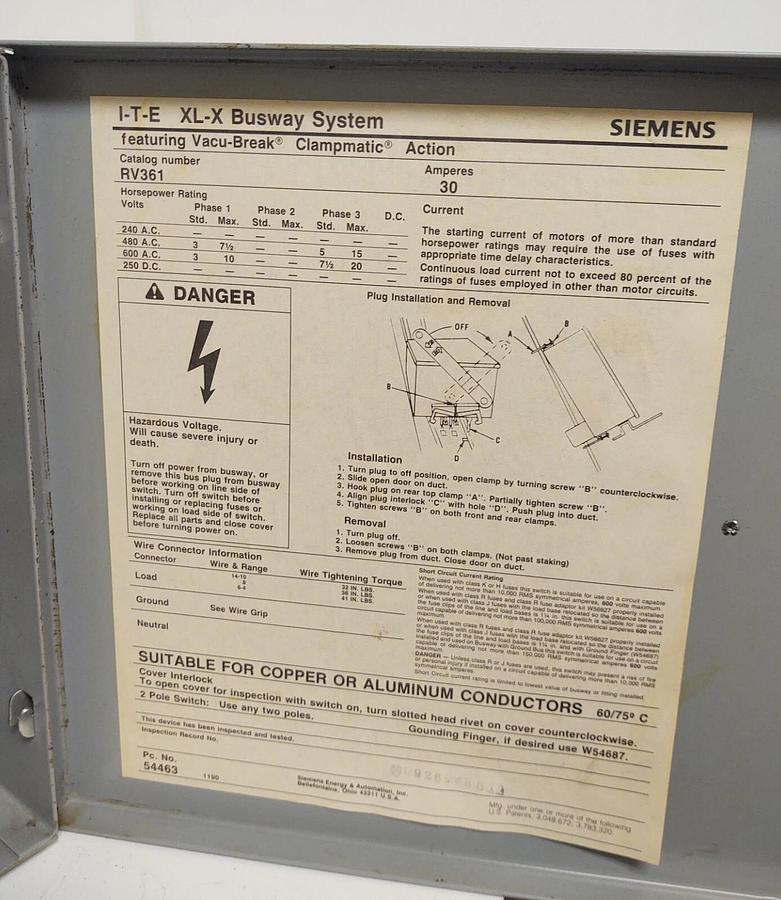 Used 🔥 ITE SIEMENS RV361 30 AMP 600V 3W FUSIBLE BUSWAY SWITCH BUS PLUG CLEAN