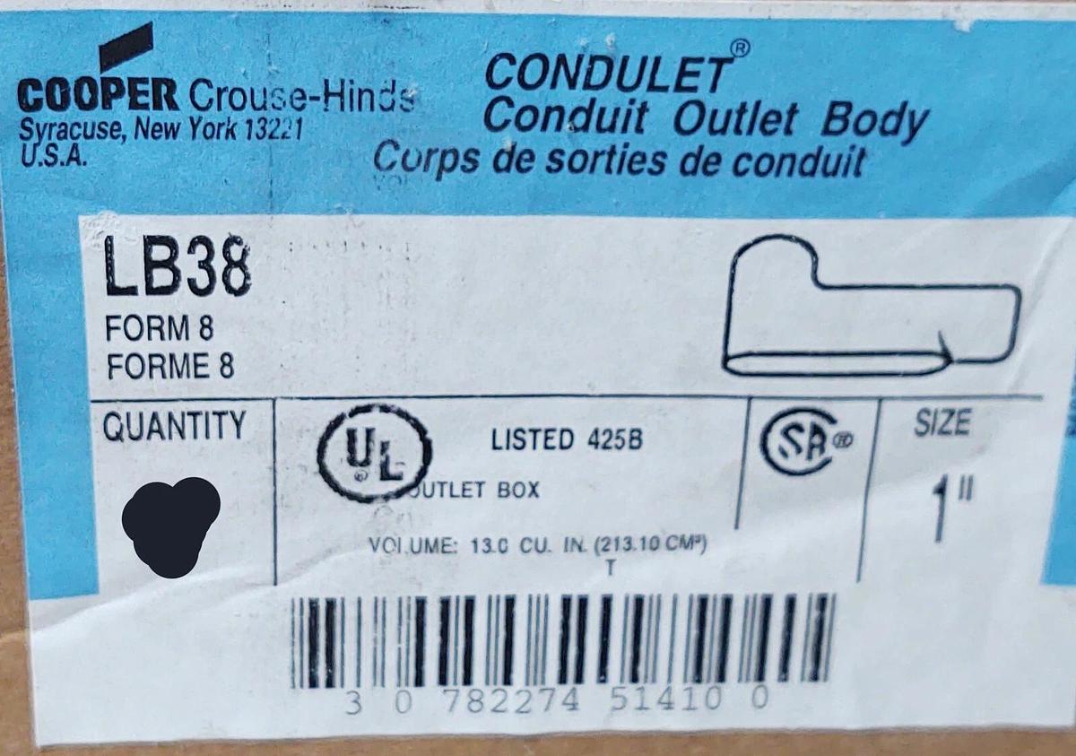🔥 CROUSE-HINDS LB38 1”Conduit Outlet Body Conduit Fitting Electrical 1” LB