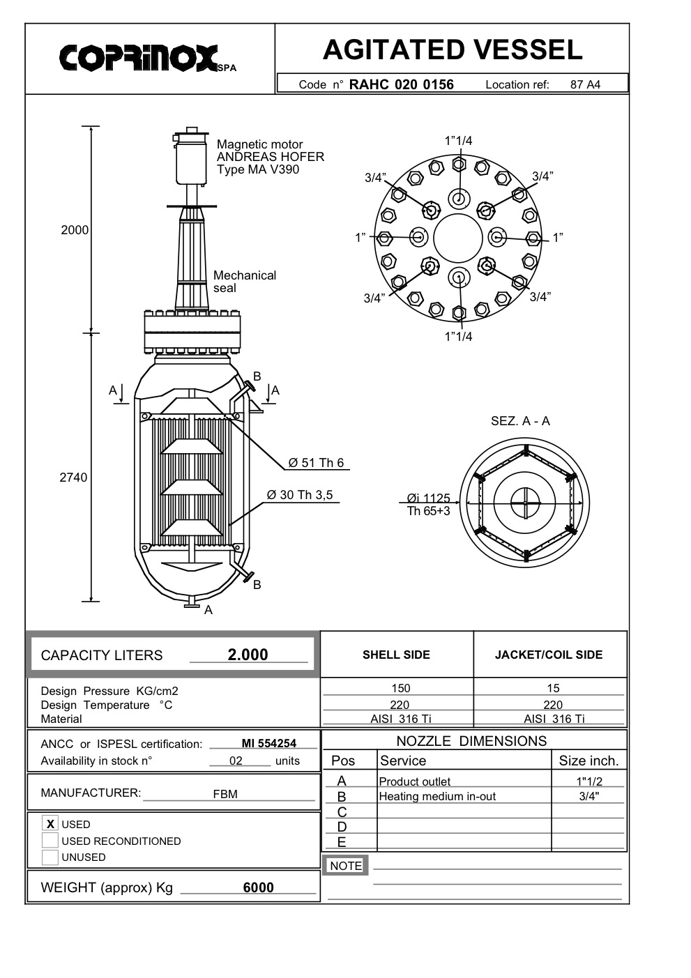 Usato Reattore FBM da 2000 Litri