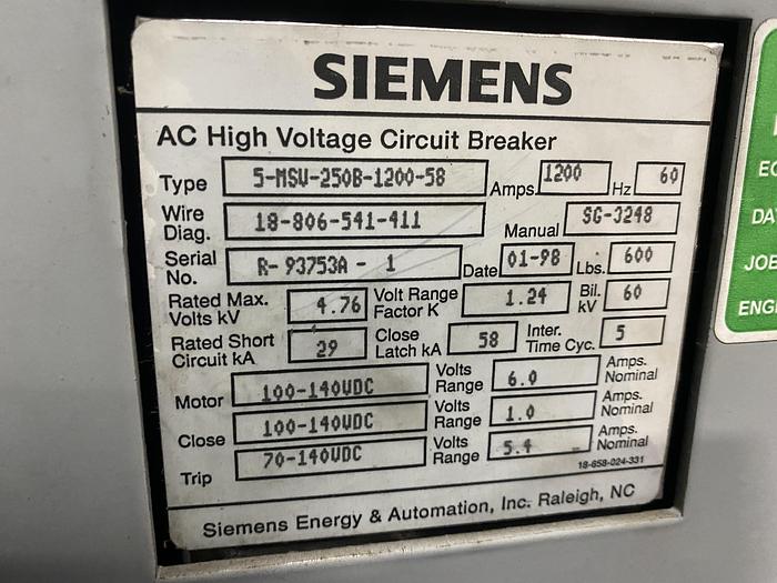 Used SIEMENS HIGH VOLTAGE CIRCUIT BREAKER 5-MSV-250C-1200-58 (FOUR AVAILABLE)