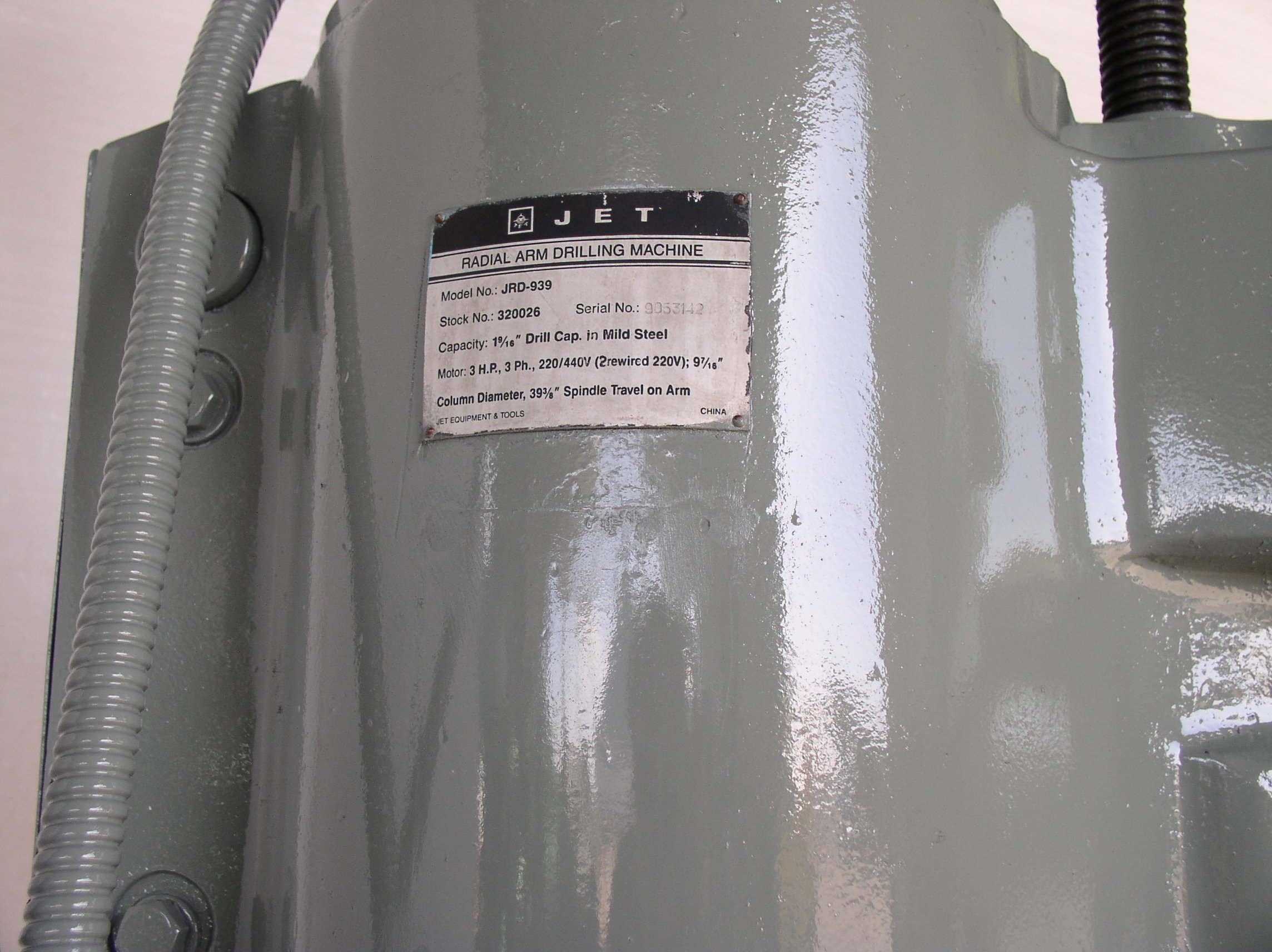 Used 3' x 9" JET Model JRD-939 Radial Arm Drill; T-Slotted Table; Mfg. 1985 - LIKE NEW