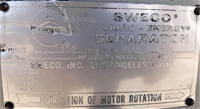 Used Screen, Sweco, 48", S/st, Single Deck, 2.5 HP #S744501