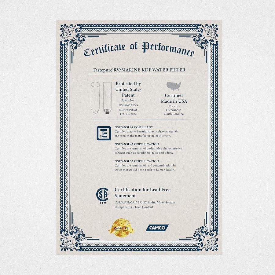 Camco Tastepure RV Water Filter - New & Advanced RV Inline Water Filter with Flexible Hose Protector - GAC & KDF Filtration - Made in USA - Camping Essentials for Fresh Drinking Water (40043)