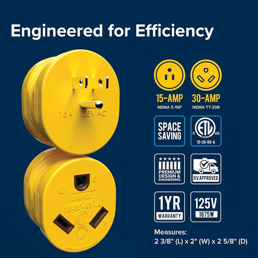 Camco PowerGrip Camper/RV Adapter - Features a 15-Amp Male (NEMA 5-15P) & 30-Amp Female (NEMA TT-30R) Connection - Rated for 125V/1875W (55223)