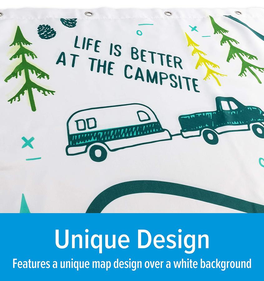 Camco 53245 Life is Better at the Campsite RV-Sized Shower Curtain, Map Design - Sized to Fit Most RV Showers - Includes (12) Plastic Rings