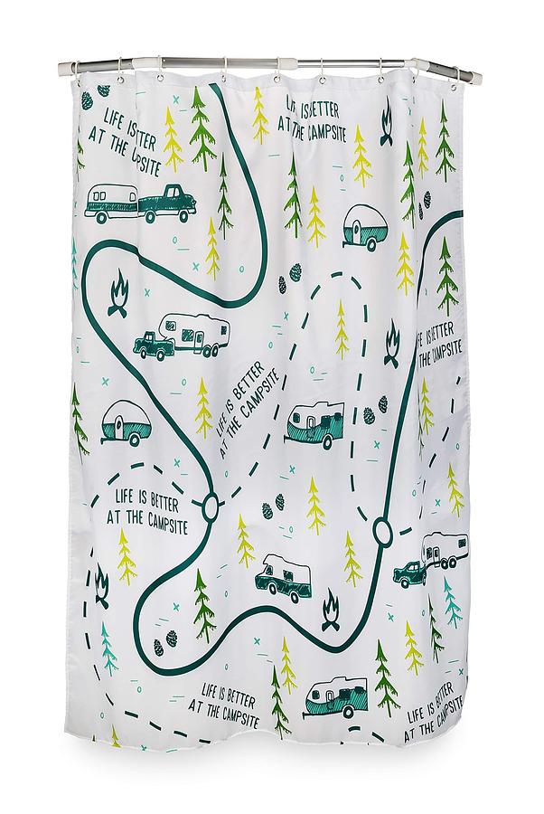 Camco 53245 Life is Better at the Campsite RV-Sized Shower Curtain, Map Design - Sized to Fit Most RV Showers - Includes (12) Plastic Rings