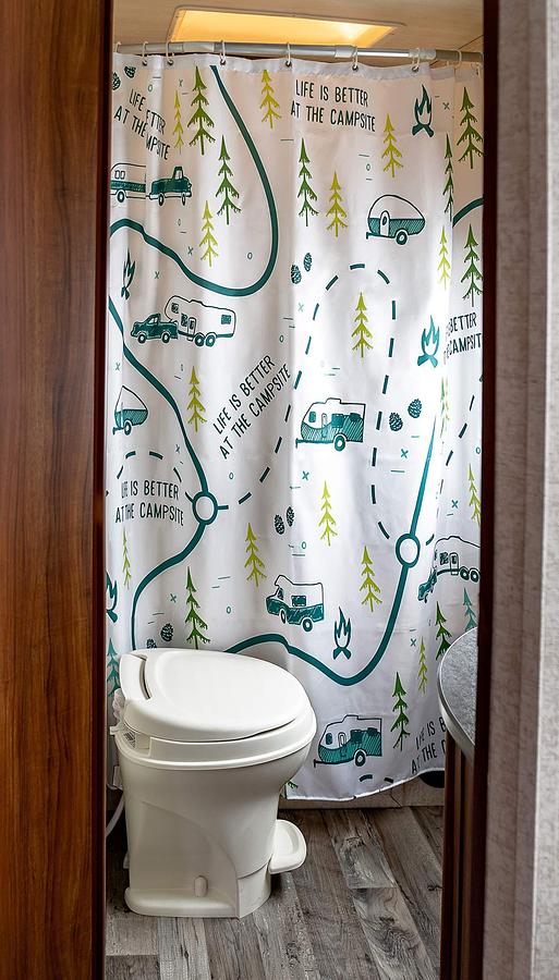 Camco 53245 Life is Better at the Campsite RV-Sized Shower Curtain, Map Design - Sized to Fit Most RV Showers - Includes (12) Plastic Rings