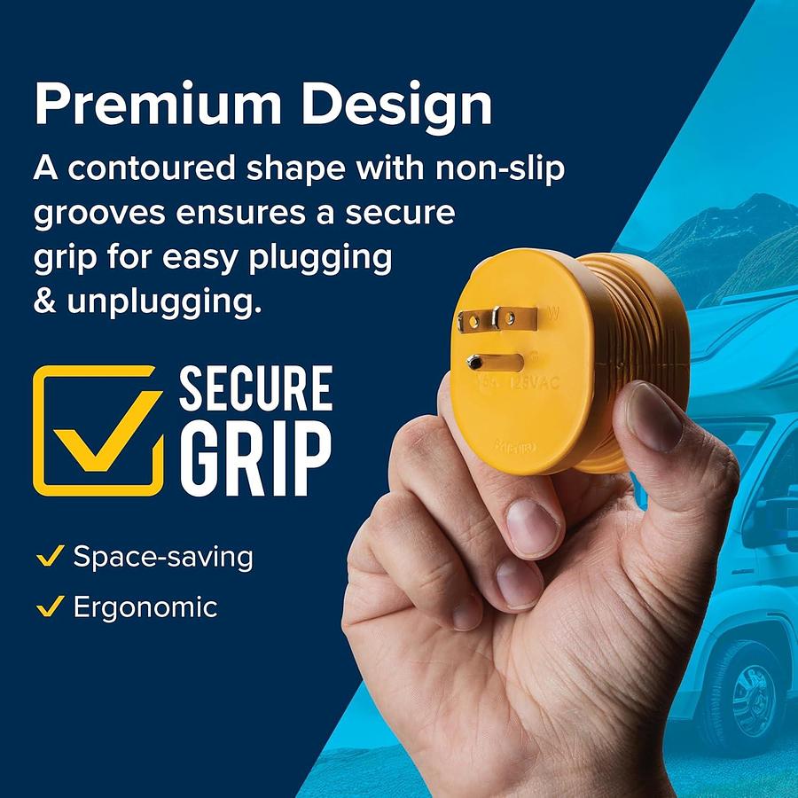 Camco PowerGrip Camper/RV Adapter - Features a 15-Amp Male (NEMA 5-15P) & 30-Amp Female (NEMA TT-30R) Connection - Rated for 125V/1875W (55223)