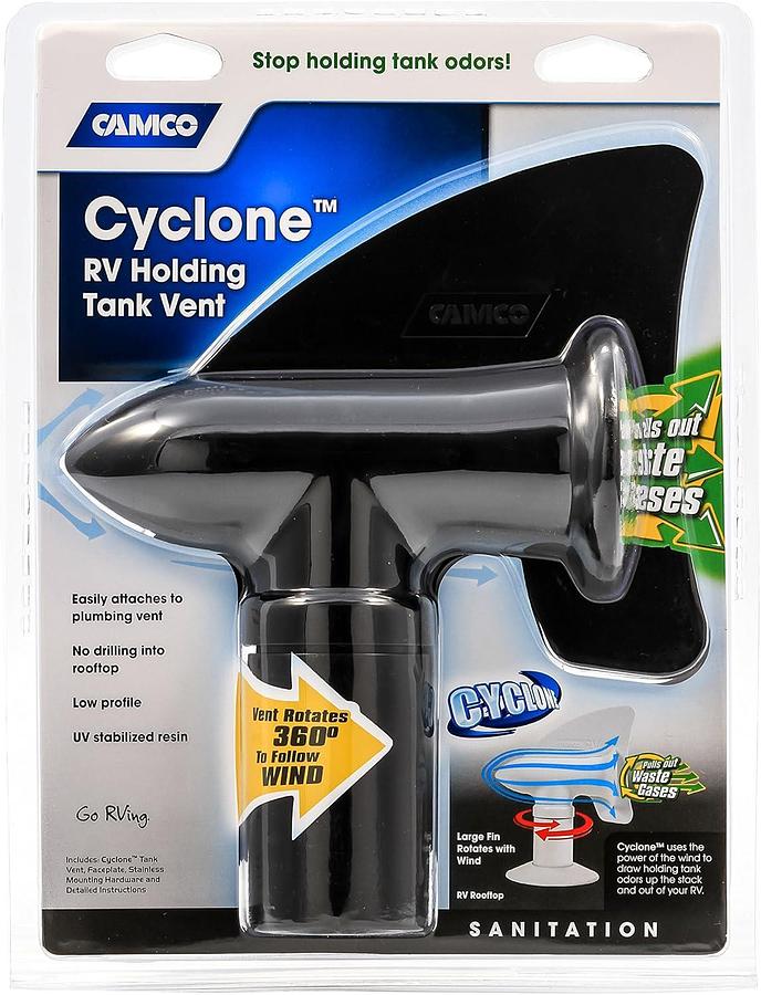 Camco Cyclone Sewer Vent Cover | Draw Holding Tank Odors out of the RV, Trailer, or Camper | Black (40597)