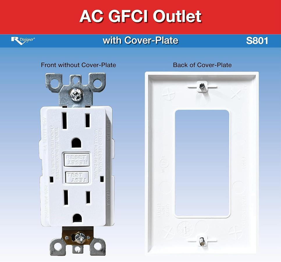 RV Designer S801, Dual GFCI Outlet with Cover Plate, White, AC Electrical