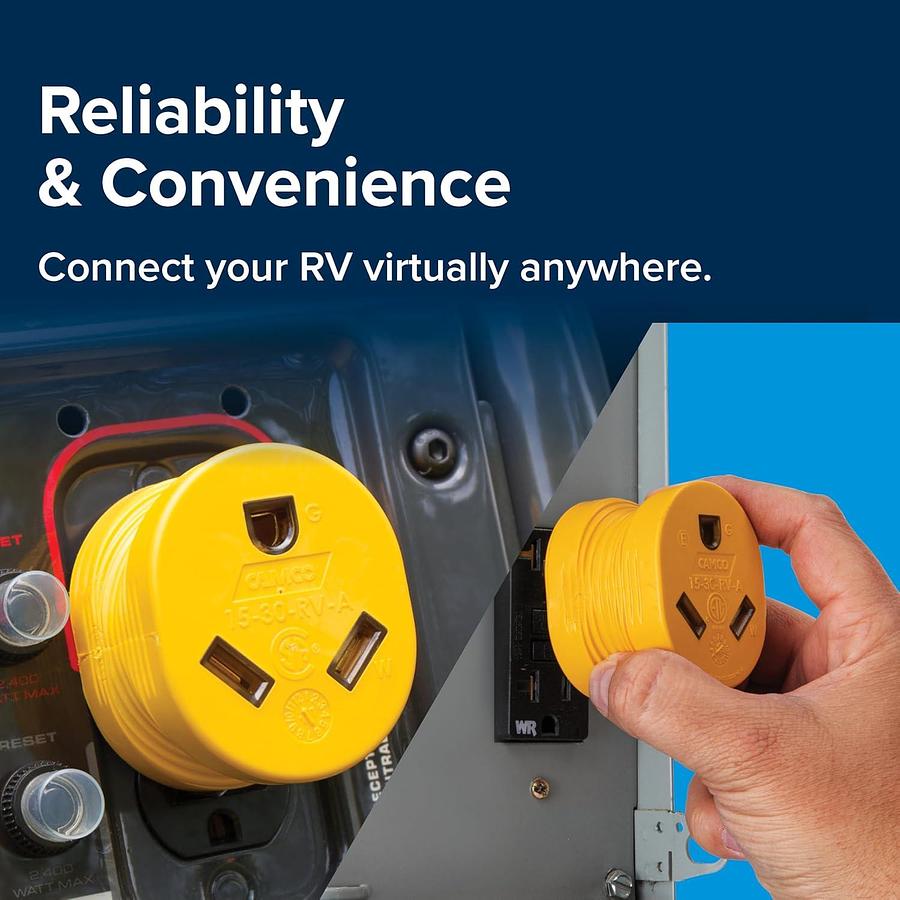 Camco PowerGrip Camper/RV Adapter - Features a 15-Amp Male (NEMA 5-15P) & 30-Amp Female (NEMA TT-30R) Connection - Rated for 125V/1875W (55223)