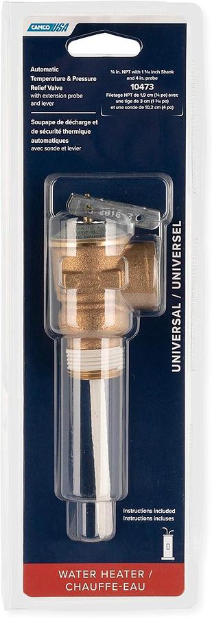 Camco Automatic Temperature and Pressure Relief Valve with Extension Probe and Lever | Features an All Brass Body with a Stainless Steel Pressure Spring | (10473)
